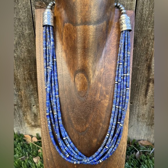 Sterling Silver Multi Strand Lapis Bead Necklace. 24 inch